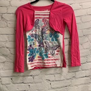 Kids Girls Grane Pink Long Sleeve Butterfly Shirt Size M